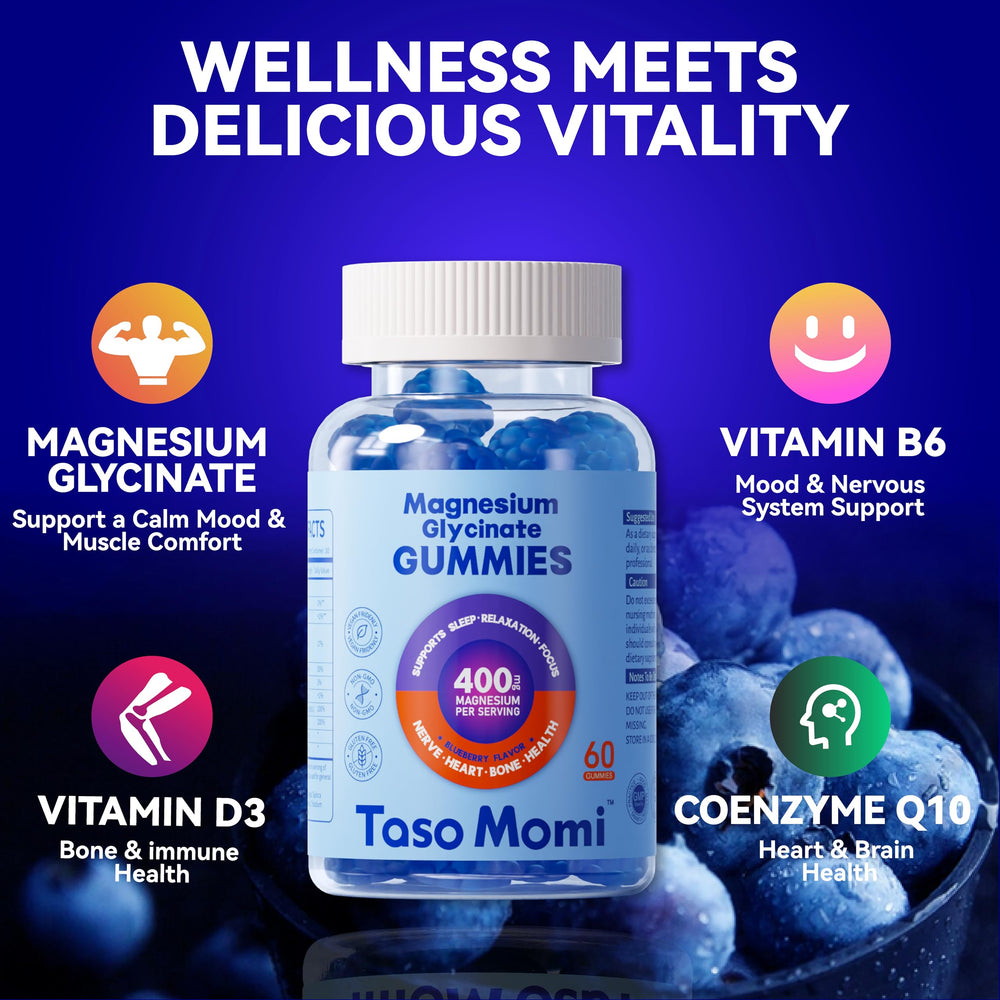 TasoMomi bottle with vitamin D3, B6 and CoQ10 highlights added nutrients for daily support.