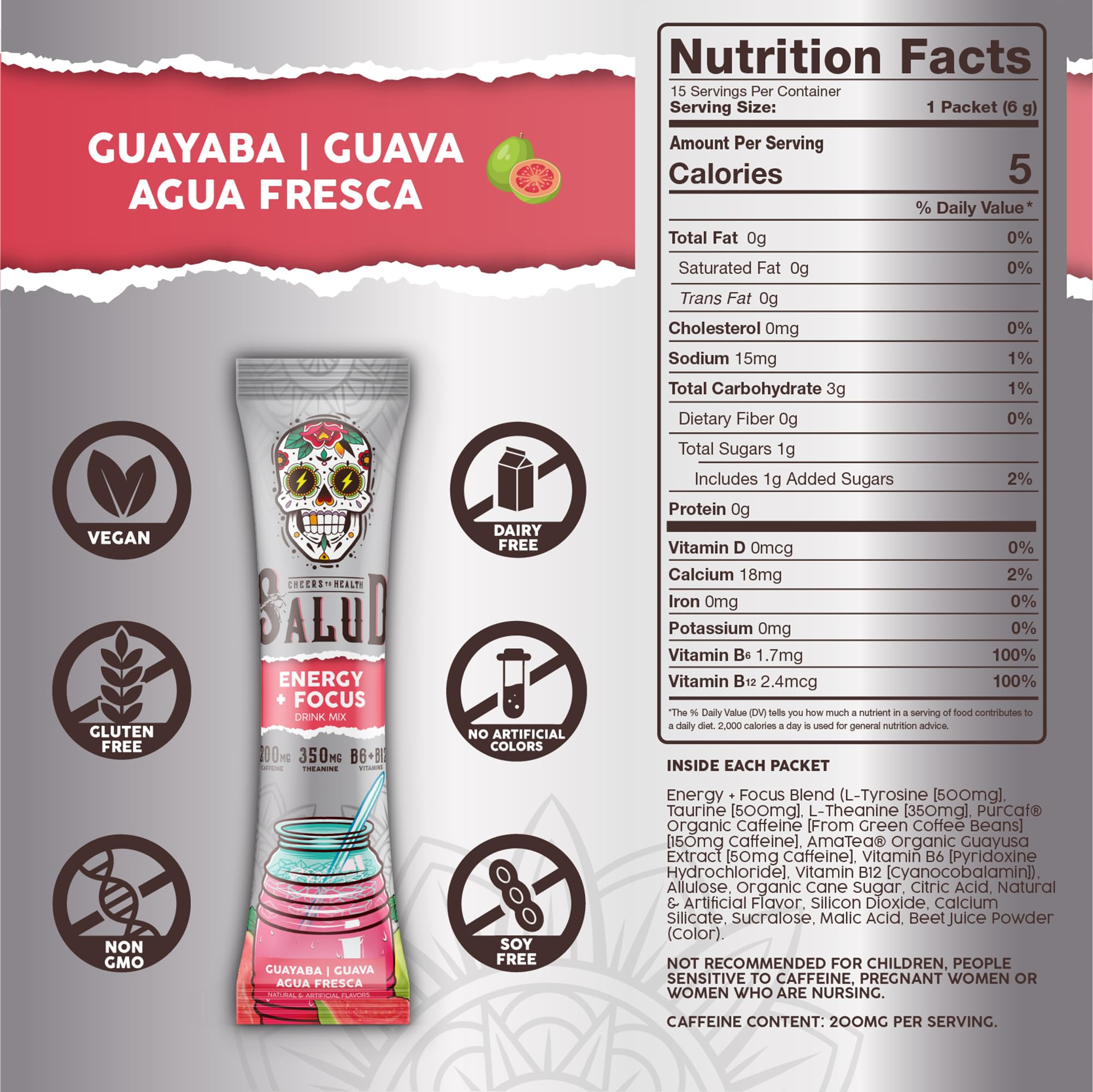 Taste Salud caffeine and amino acids blend supports focus with calm energy.