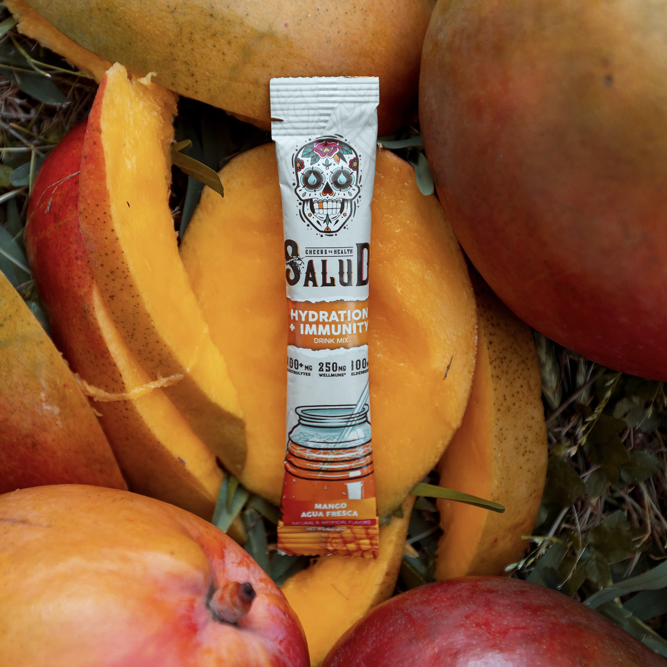 Taste Salud electrolyte blend with coconut water powder featured in mango mix.