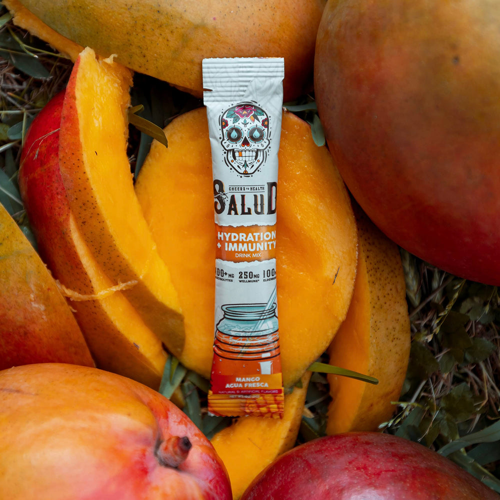 Taste Salud electrolyte blend with coconut water powder featured in mango mix.