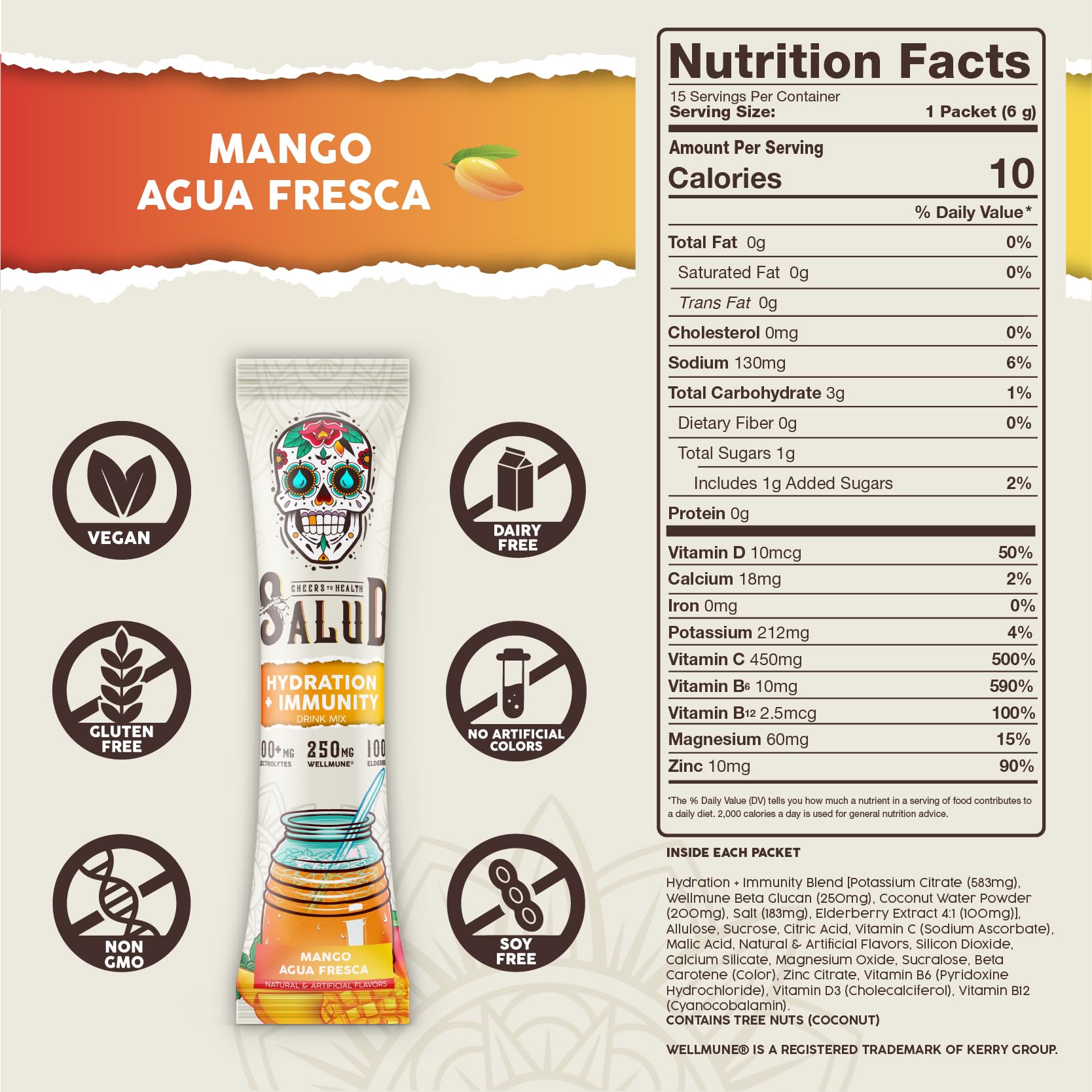 Taste Salud elderberry extract sachet beside fresh fruit for an antioxidant boost.