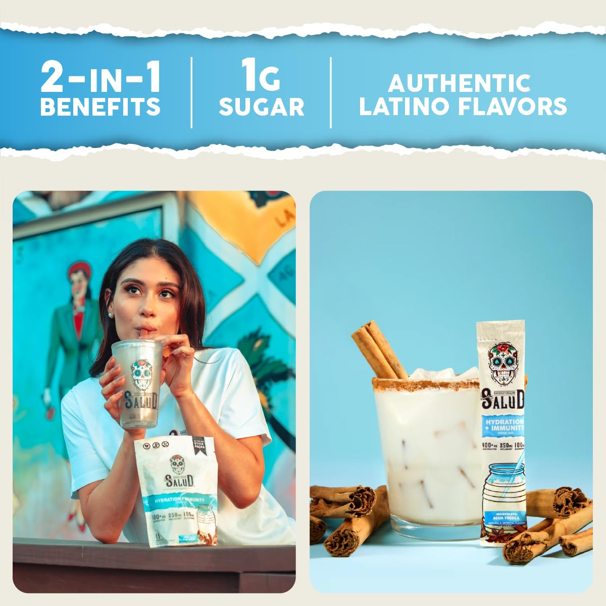 Taste Salud horchata drink mix stirred in glass for refreshing flavor.