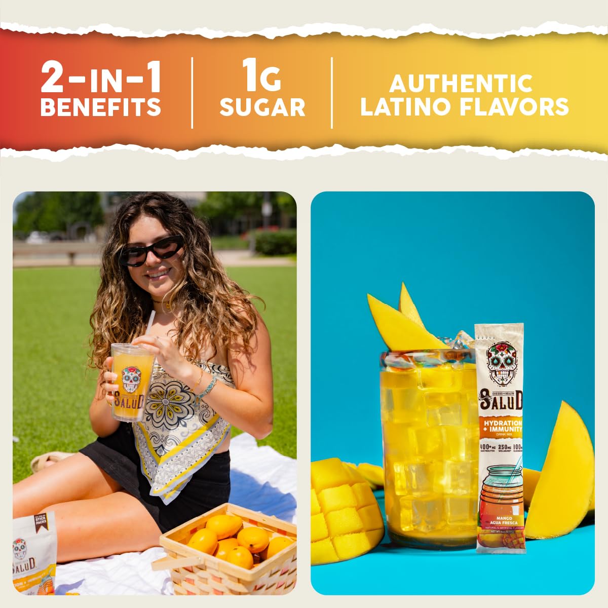 Taste Salud immunity electrolytes powder poured into a glass after a workout.
