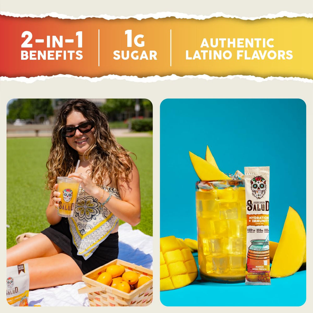Taste Salud immunity electrolytes powder poured into a glass after a workout.