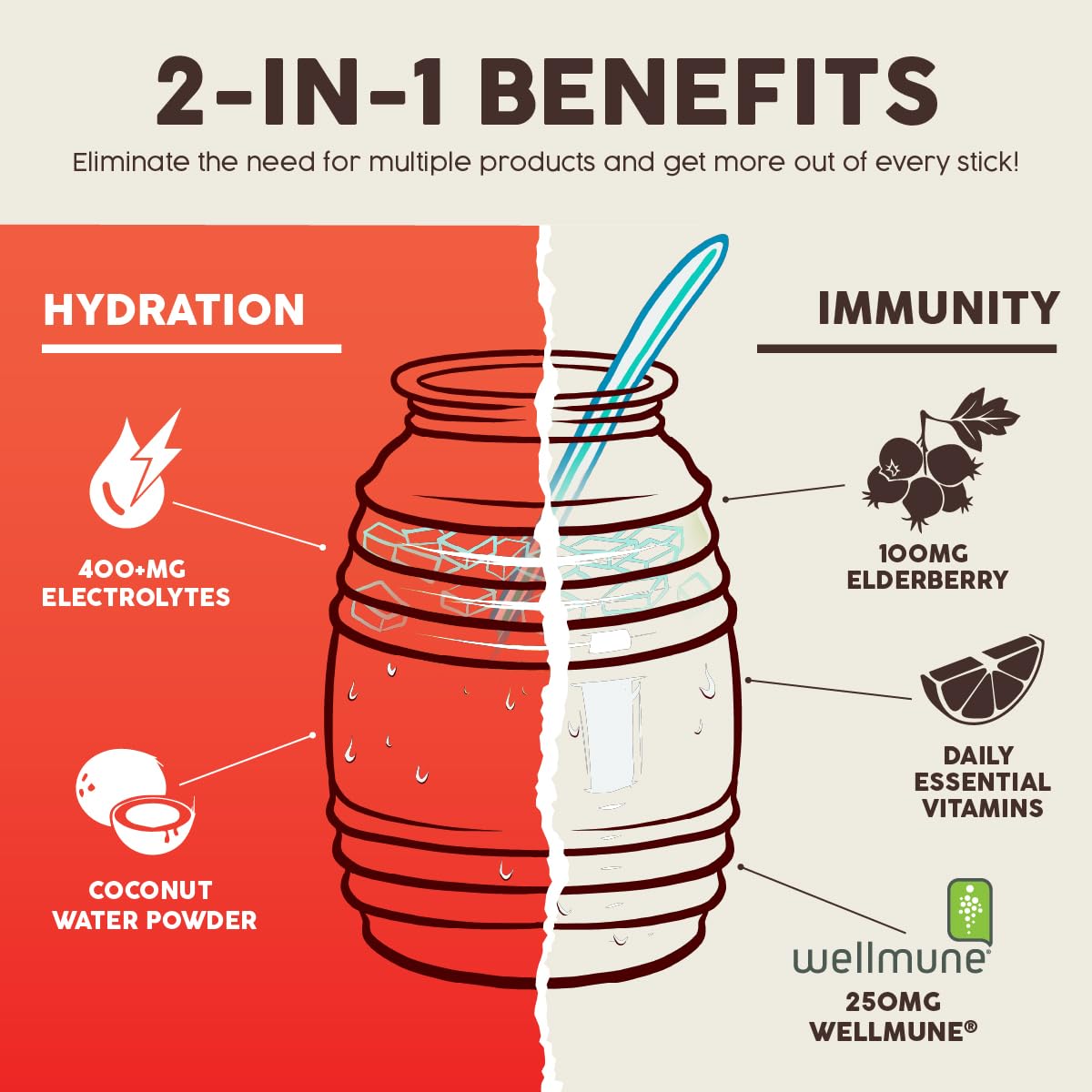 Taste Salud immunity powder strawberry container beside a glass for a wellness boost.
