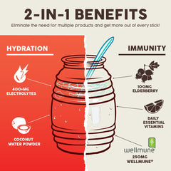 Taste Salud immunity powder strawberry container beside a glass for a wellness boost.