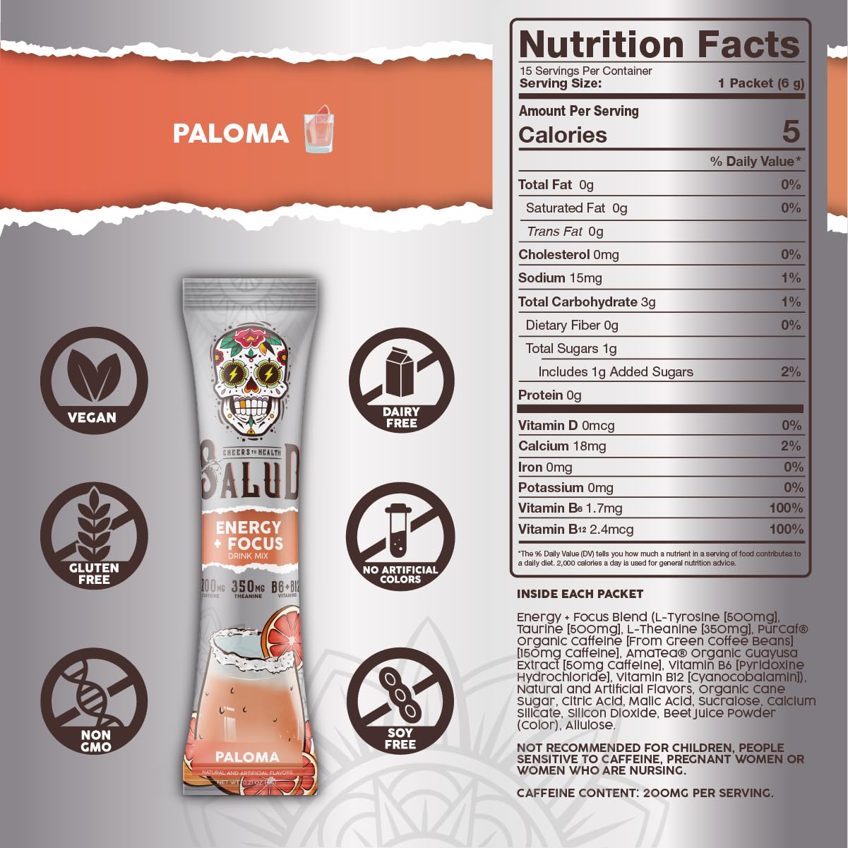 Taste Salud organic caffeine sources label highlights clean energy from PurCaf and AmaTea.