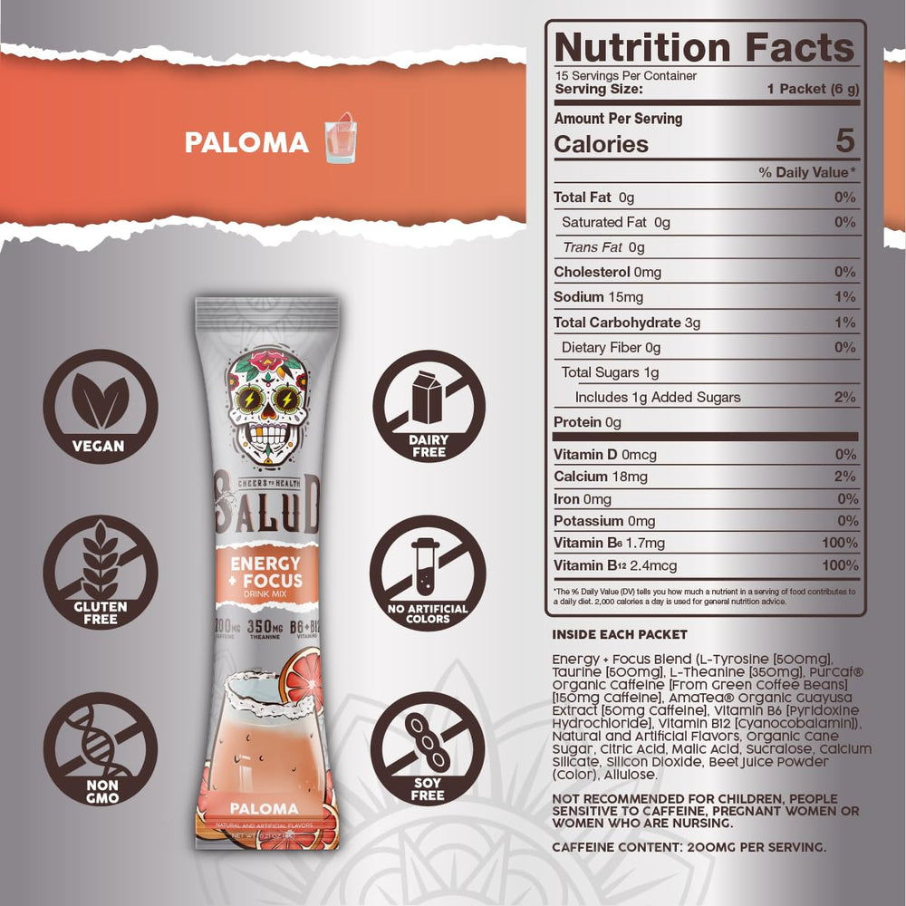 Taste Salud organic caffeine sources label highlights clean energy from PurCaf and AmaTea.