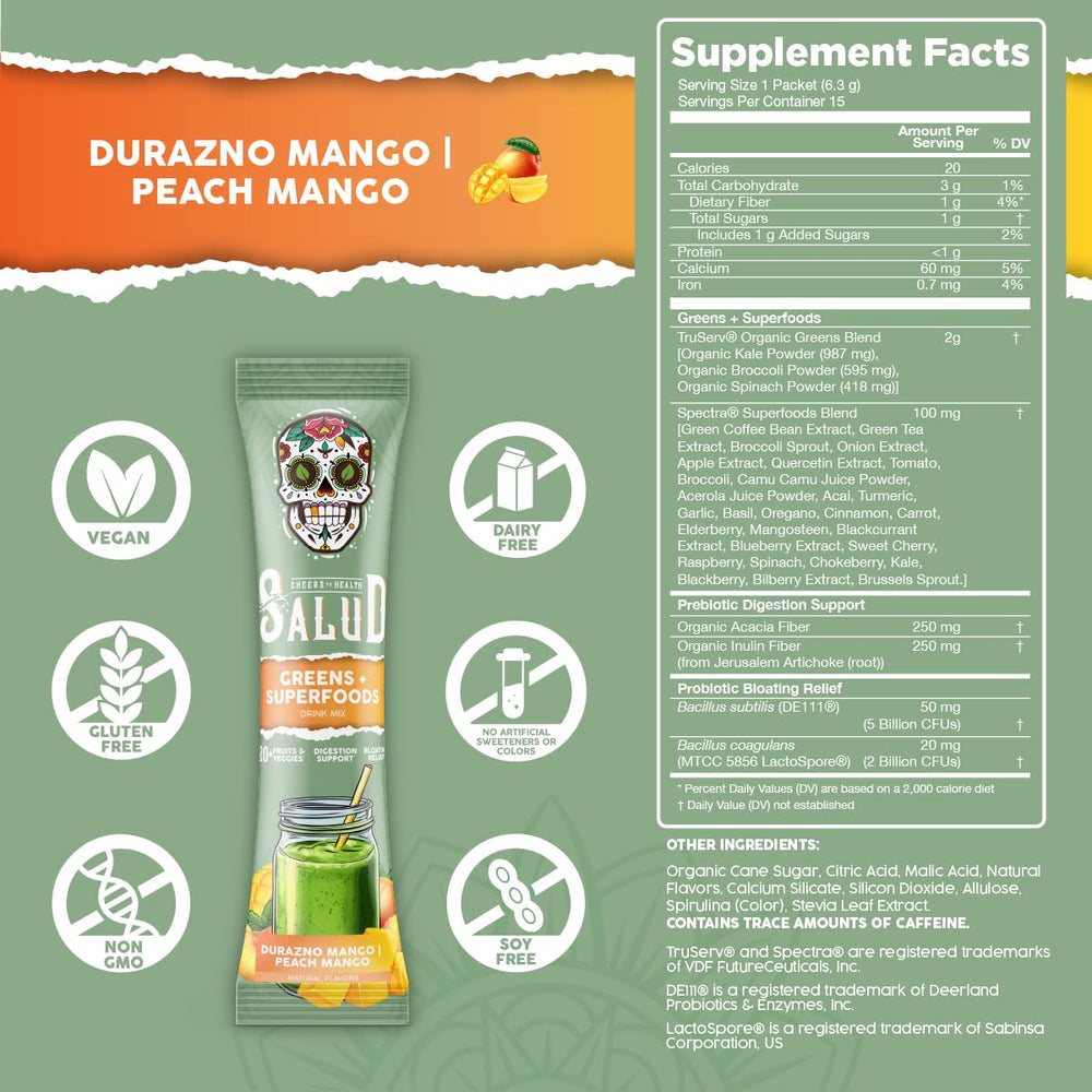 Taste Salud peach mango packaging side shows flavorful vegan option
