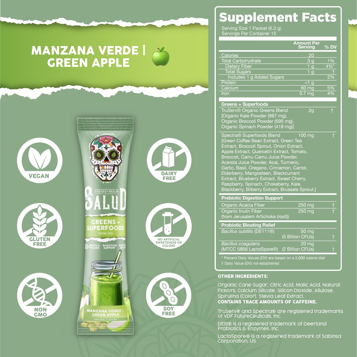 Taste Salud probiotic bottle showing DE111 and LactoSpore for gut comfort