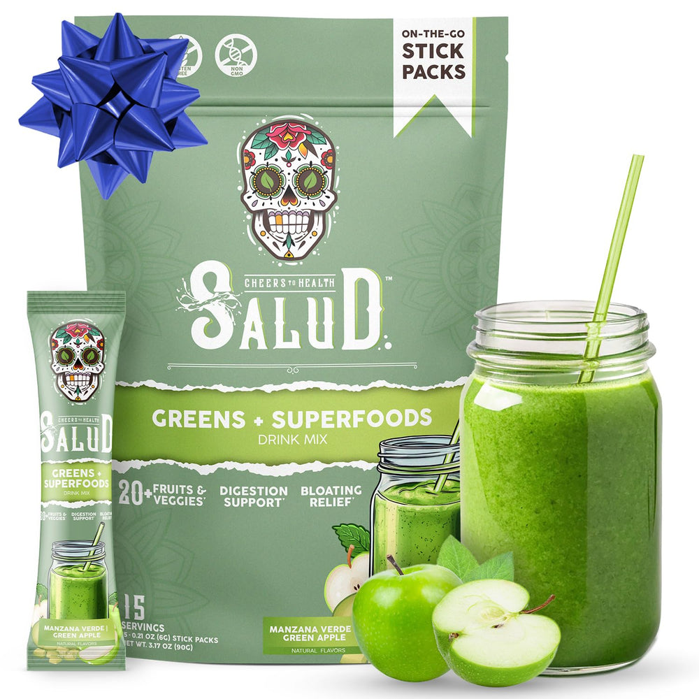 Taste Salud 2-in-1 greens packets with green apple flavor for on-the-go nourishment