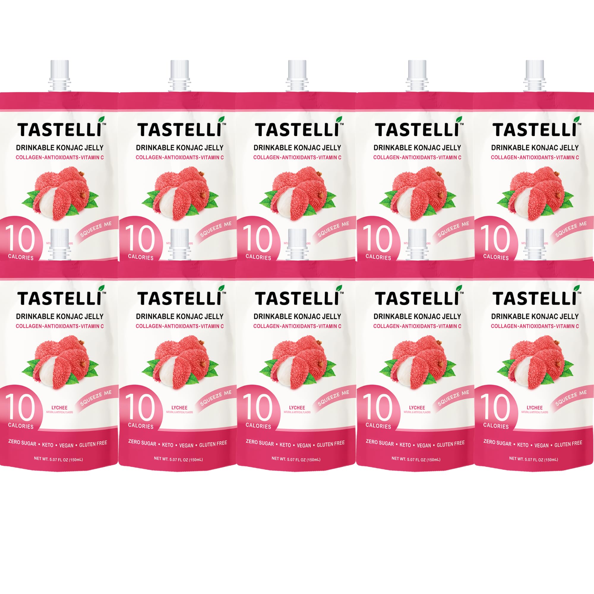 Tastelli Konjac Jelly Collagen Vitamin C closeup; convenient wellness snack.
