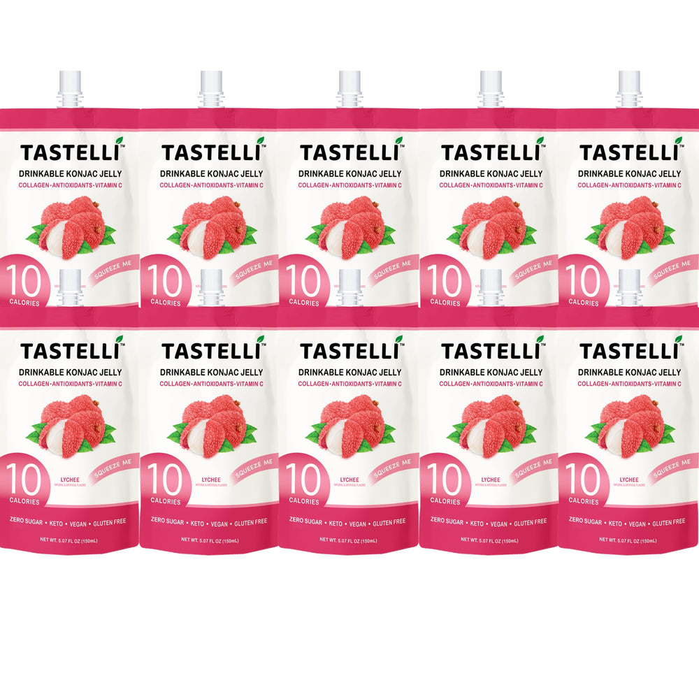 Tastelli Konjac Jelly Collagen Vitamin C closeup; convenient wellness snack.