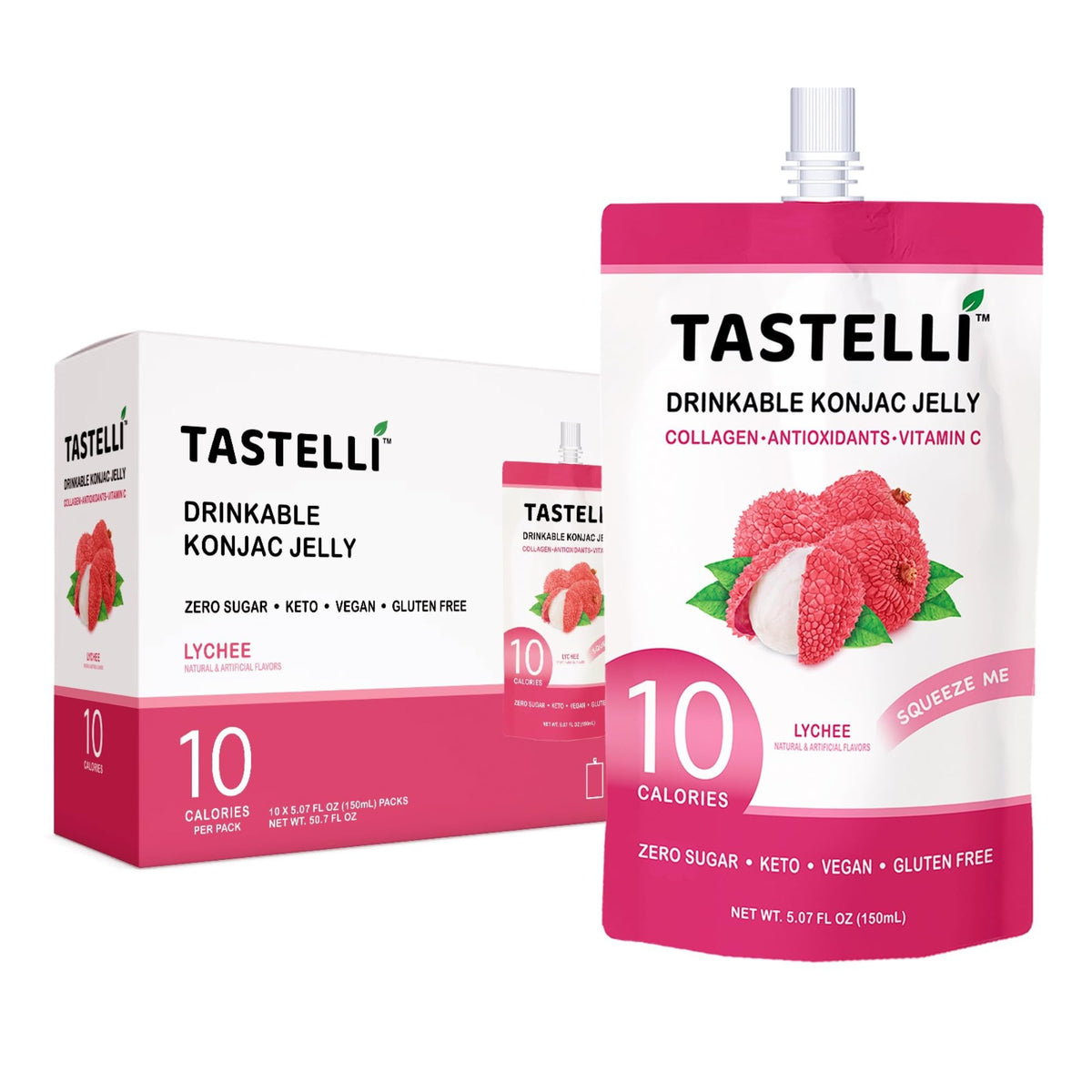 Tastelli Konjac Jelly Lychee bottle pour; a low-calorie vegan treat.