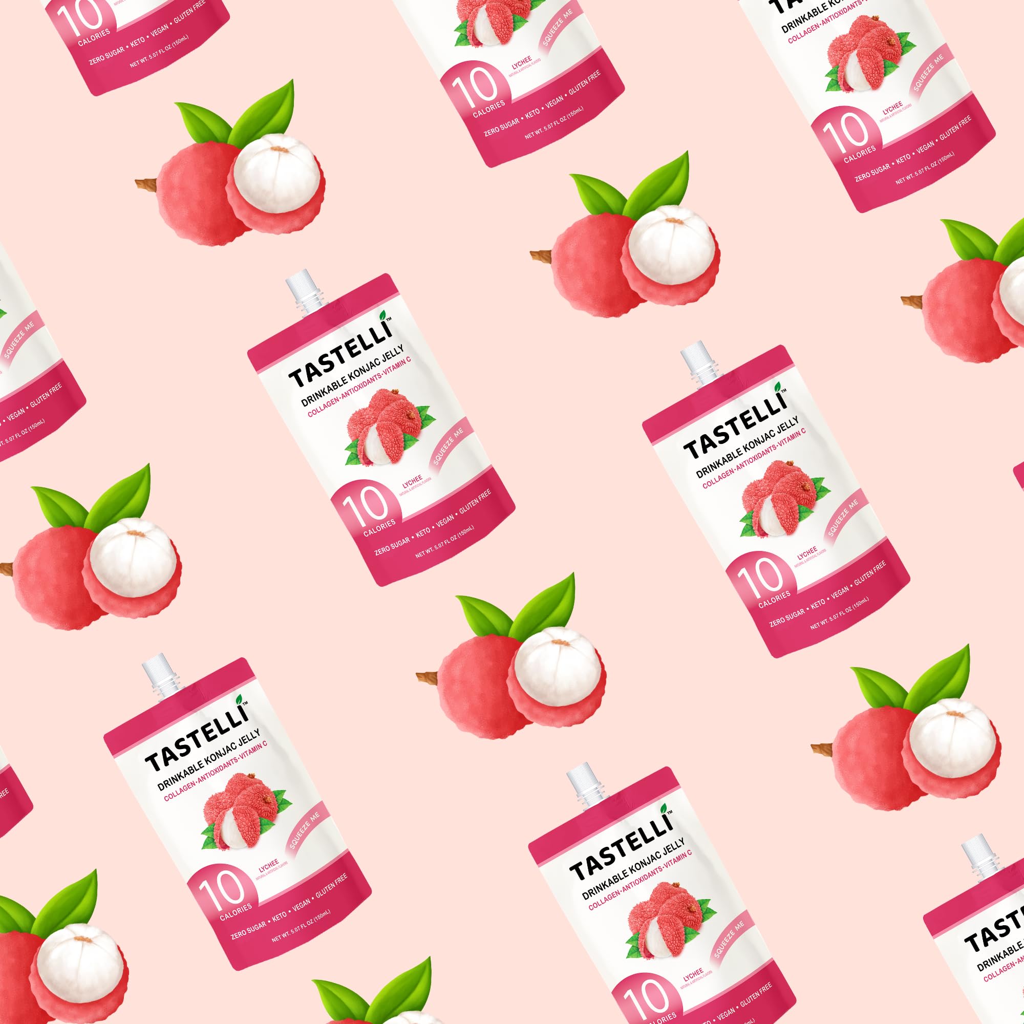Tastelli Konjac Jelly Lychee glossy pouch; convenient ready-to-drink snack.