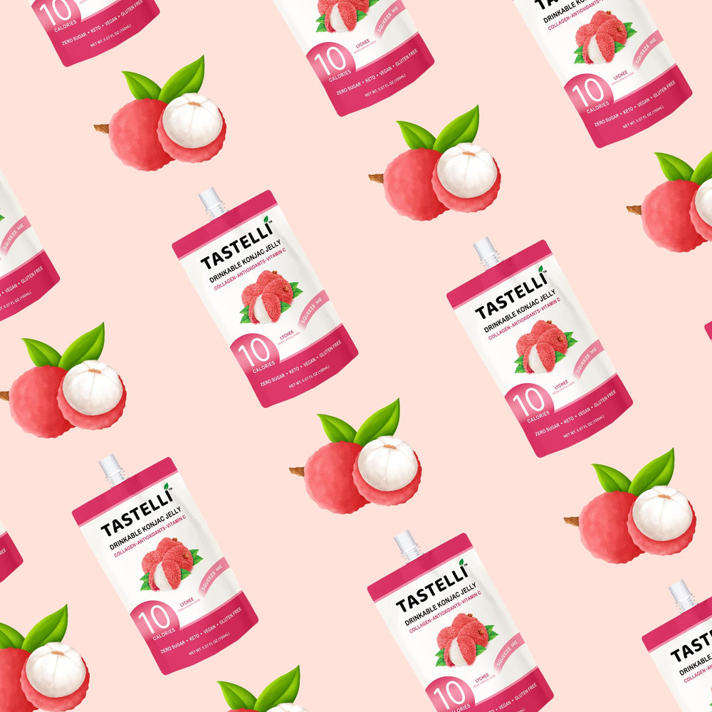 Tastelli Konjac Jelly Lychee glossy pouch; convenient ready-to-drink snack.