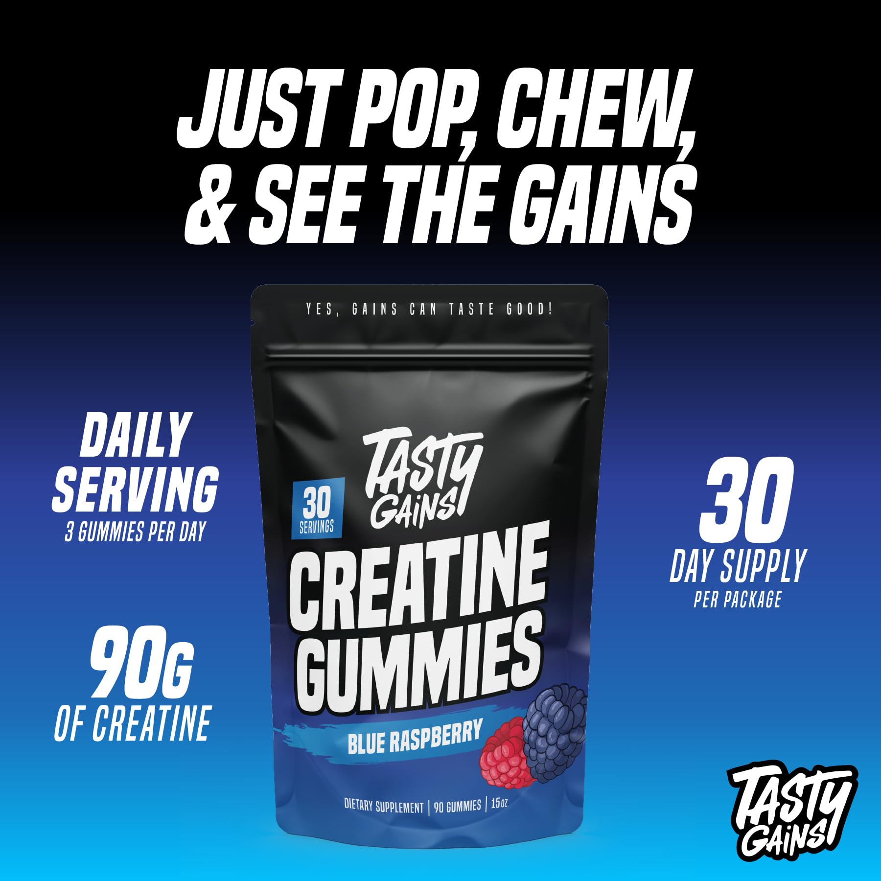 TASTY GAINS Creatine Gummies 1g per gummy label highlights precise dosing.