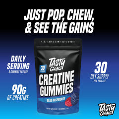 TASTY GAINS Creatine Gummies 1g per gummy label highlights precise dosing.