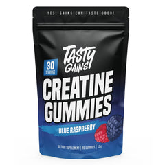 TASTY GAINS Creatine Gummies blue raspberry bottle for convenient training support.