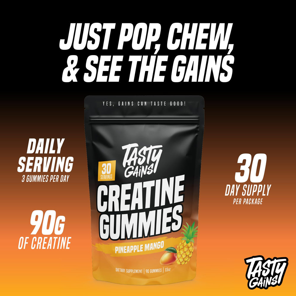 TASTY GAINS Creatine Gummies bottle closeup showing dosing and flavor appeal