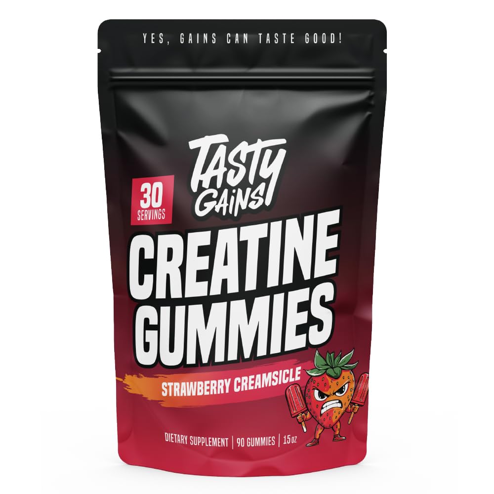 TASTY GAINS Creatine Gummies bottle offers convenient, on-the-go muscle support.