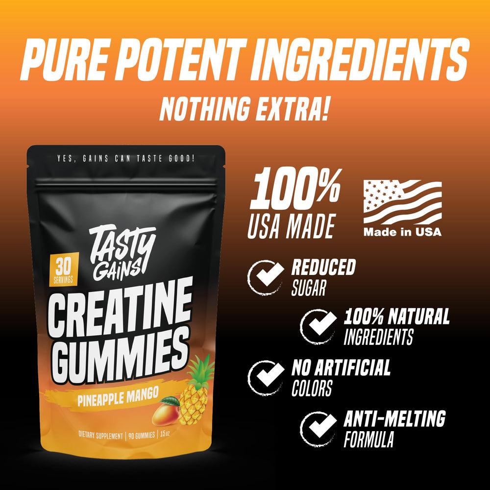 TASTY GAINS Creatine Gummies taste test with candy-like texture and low sugar profile