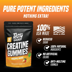 TASTY GAINS Creatine Gummies taste test with candy-like texture and low sugar profile