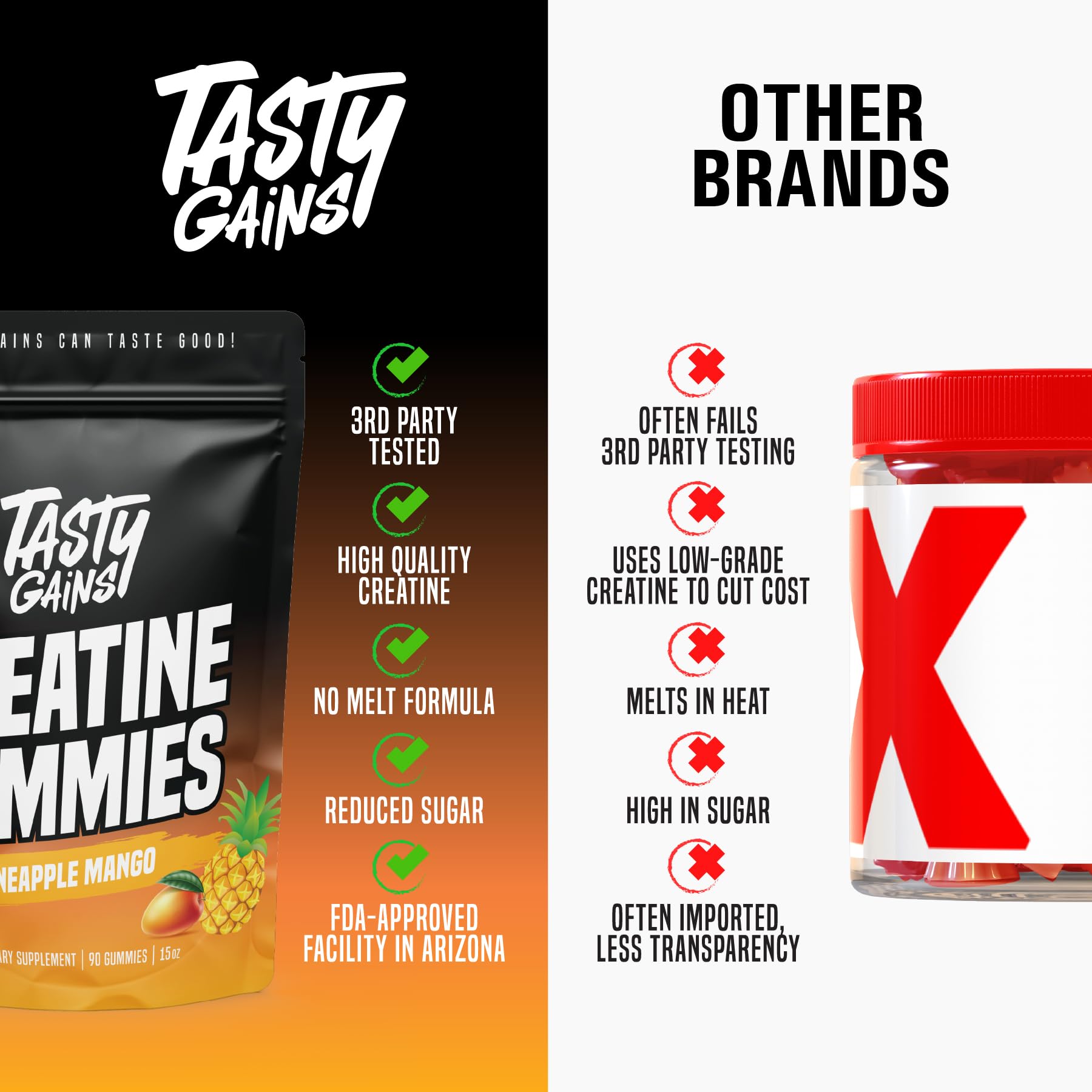 TASTY GAINS Creatine Gummies made in USA packaging highlighting premium quality
