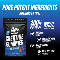 TASTY GAINS vegan-friendly gummies label appeals to plant-based athletes.