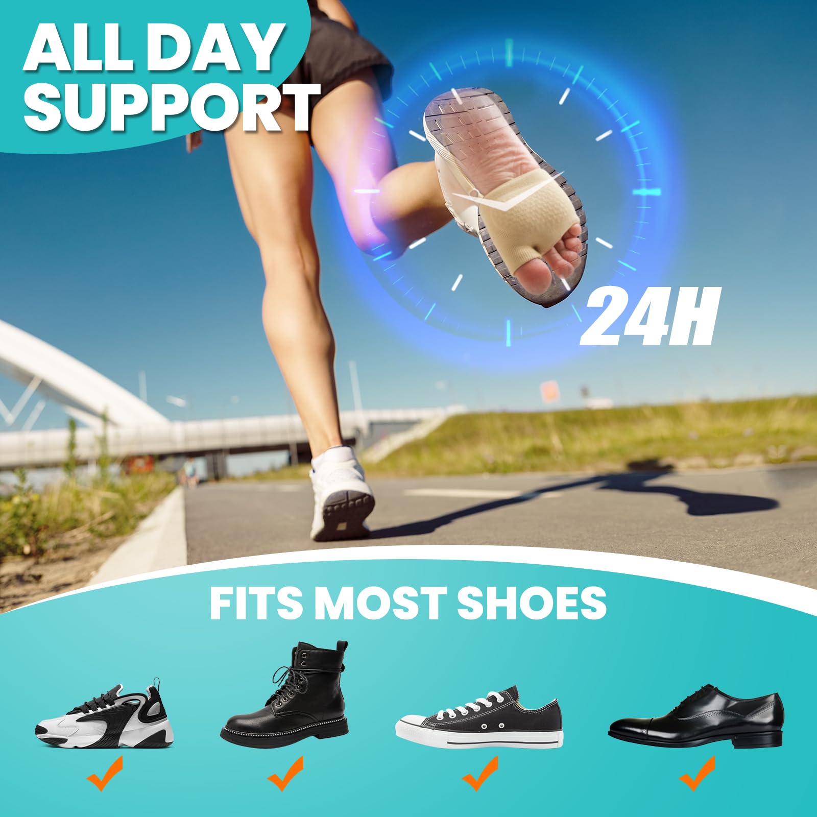 TASZOOS metatarsal pads with stability strap stay in place during daily activity.