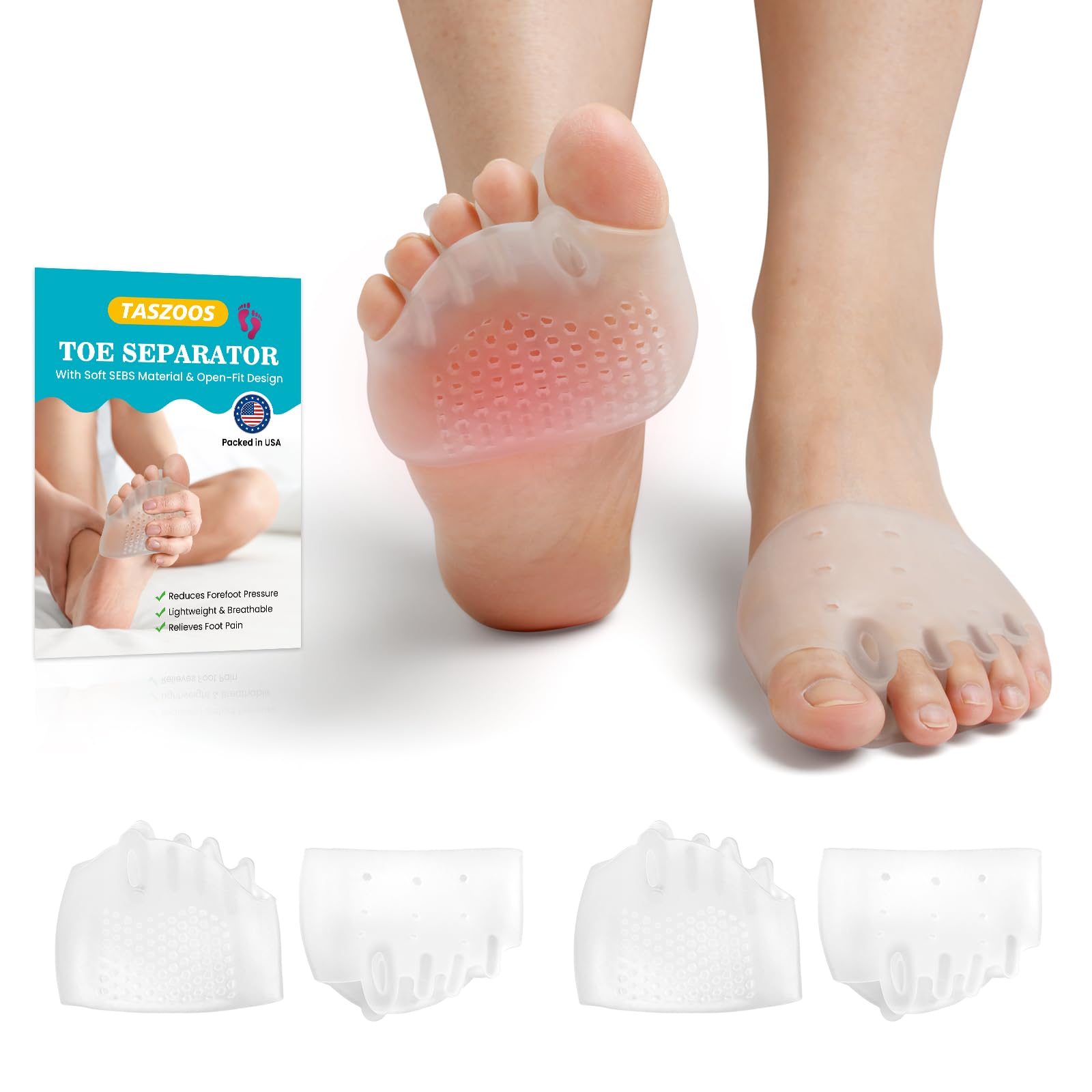 TASZOOS toe separators and metatarsal pads set shown for both feet, ready for daily comfort