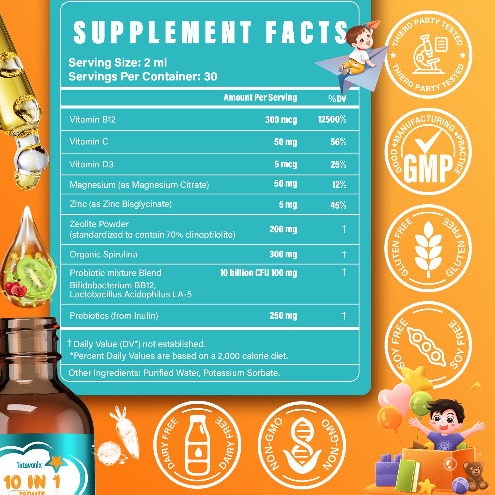 Tatavonix Zeolite Detox Drops strawberry flavor—kid-friendly taste for daily use.