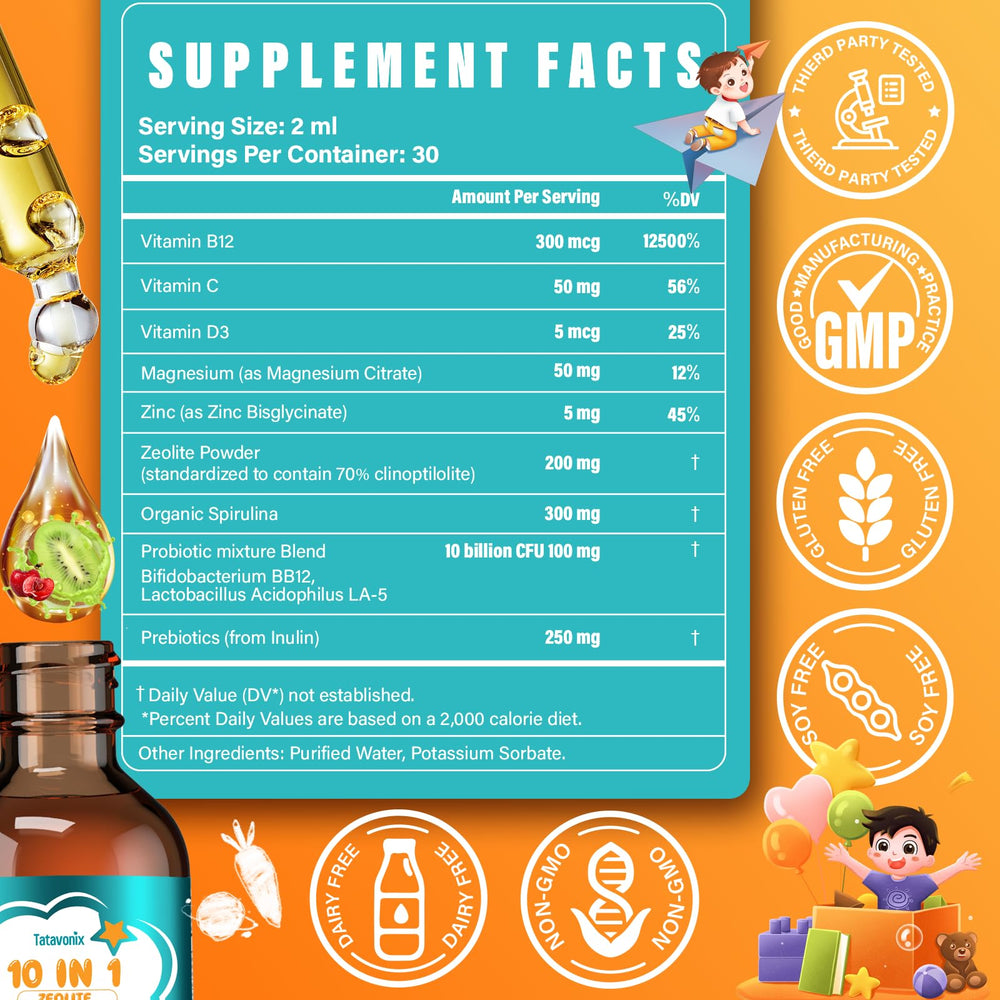 Tatavonix Zeolite Detox Drops strawberry flavor—kid-friendly taste for daily use.