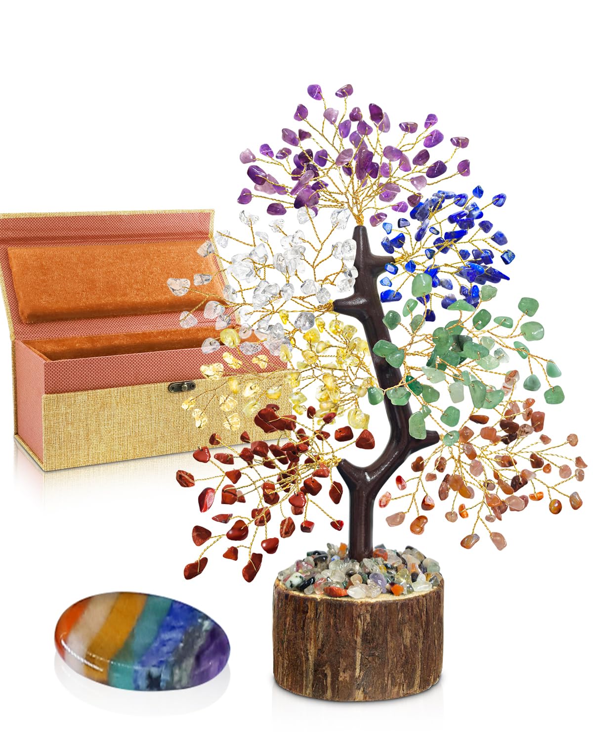 TATOODAA 7 Chakra Crystal Tree of Life with Worry Stone for mindful decor