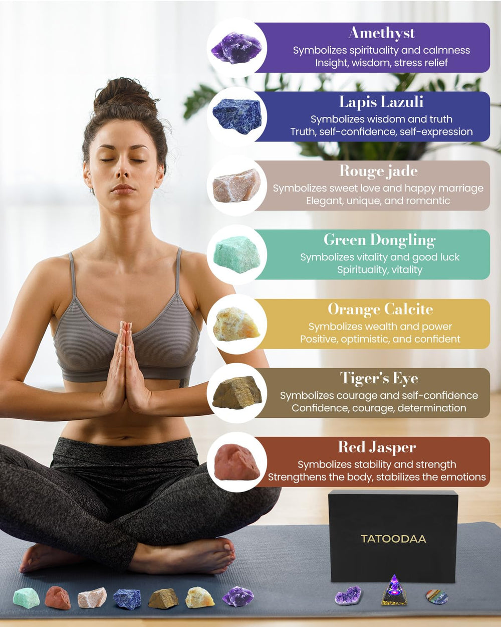 TATOODAA meditation setup with chakra stones for mindfulness and relaxation