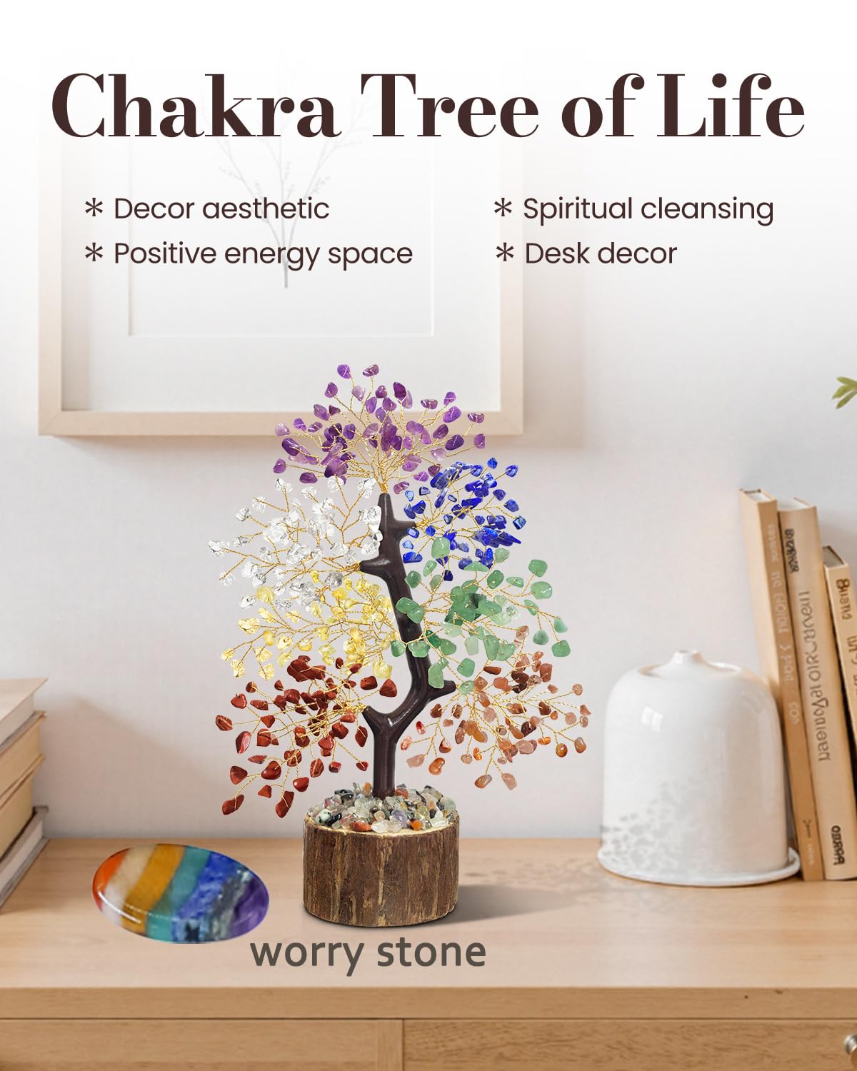 Close-up of worry stone on TATOODAA crystal tree with colorful beads