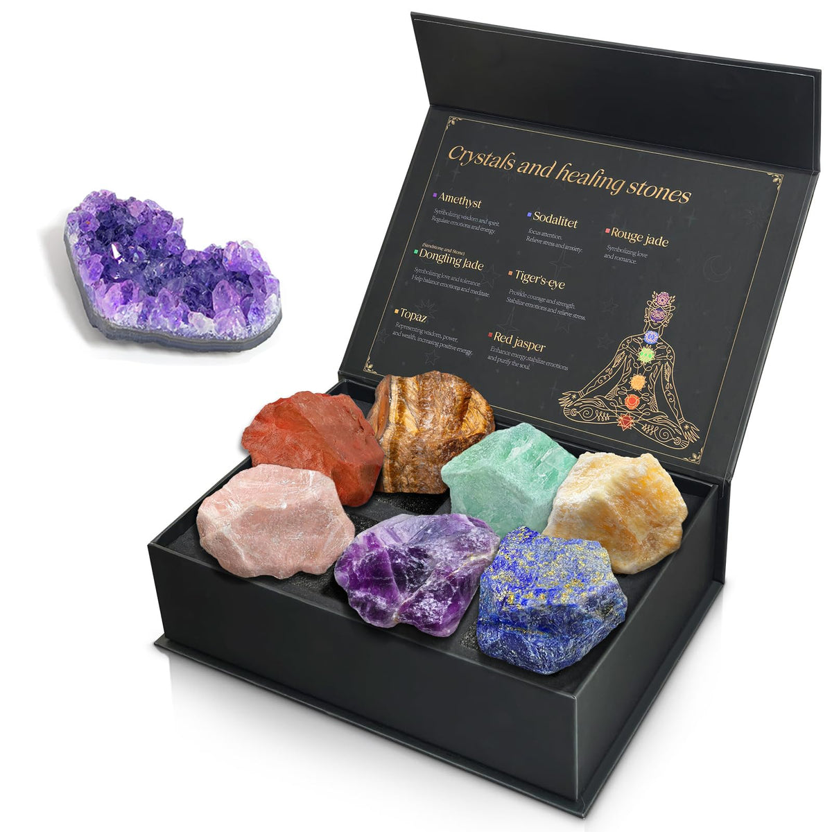 TATOODAA chakra stones set with crystal cluster for meditation and positive energy.