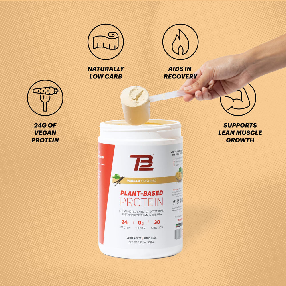 TB12 vanilla protein powder supports low-sugar, low-carb options.