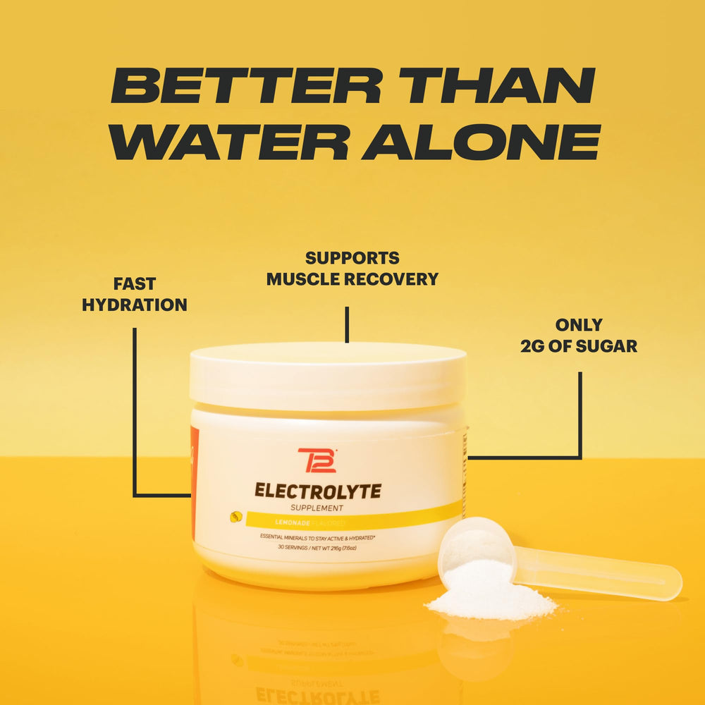 TB12 electrolyte powder in a glass emphasizes thirst-quenching hydration.