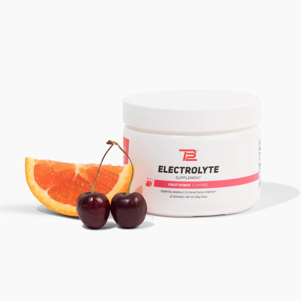 TB12 Electrolyte Powder Fruit Punch bottle showing mineral-rich hydration for active days
