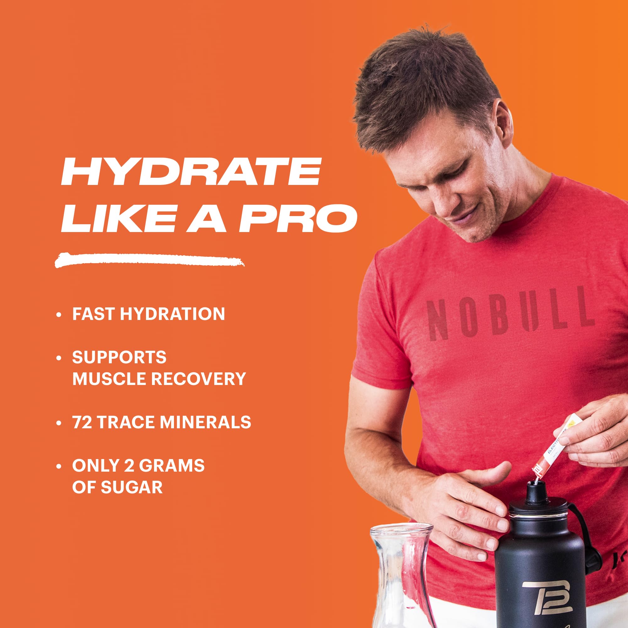TB12 electrolyte powder poured into a glass of water for fast hydration