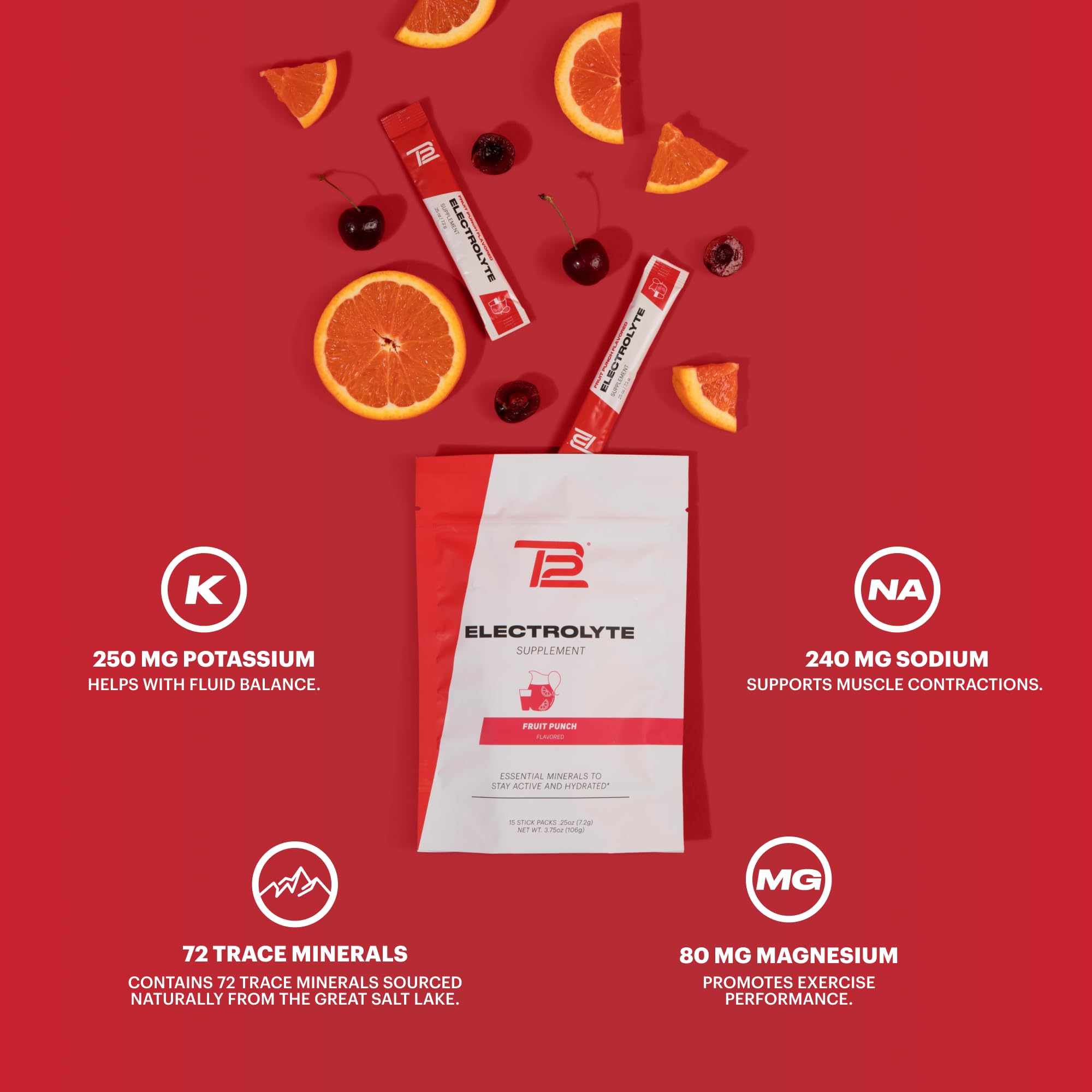 TB12 Electrolytes glass with ice conveys refreshing fruit punch flavor.