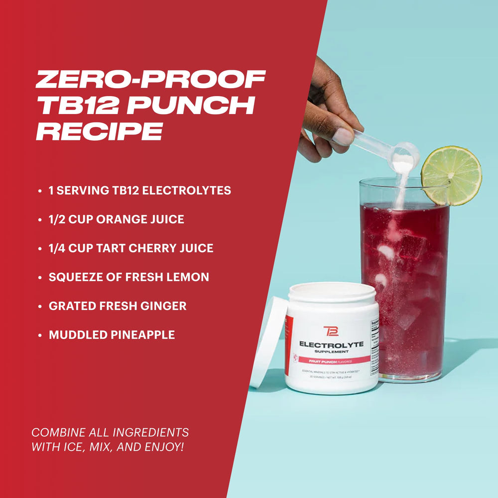 TB12 Electrolytes powder near spoon highlights low sugar and clean formula.