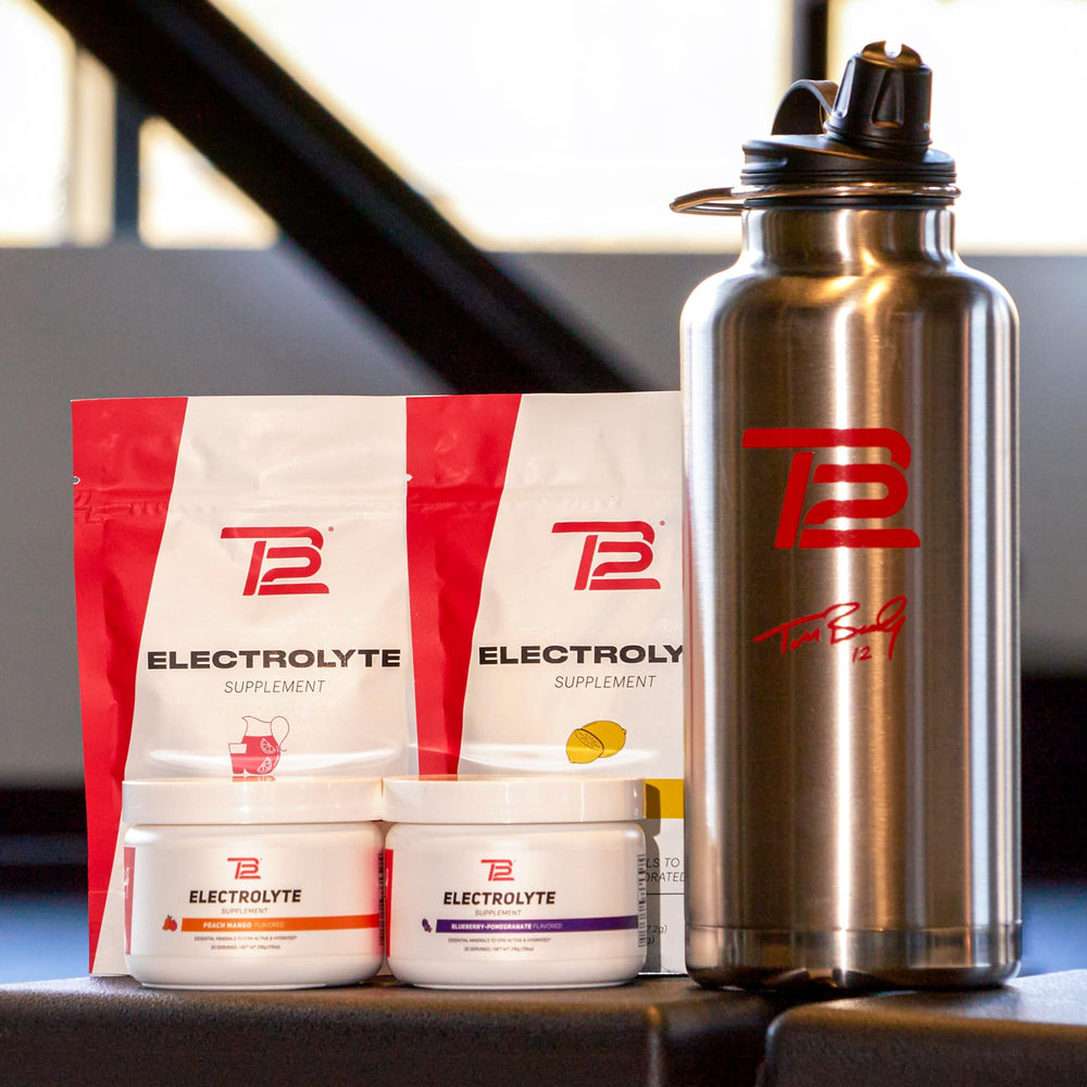 TB12 Electrolytes vegan gluten-free badge signals inclusive wellness.