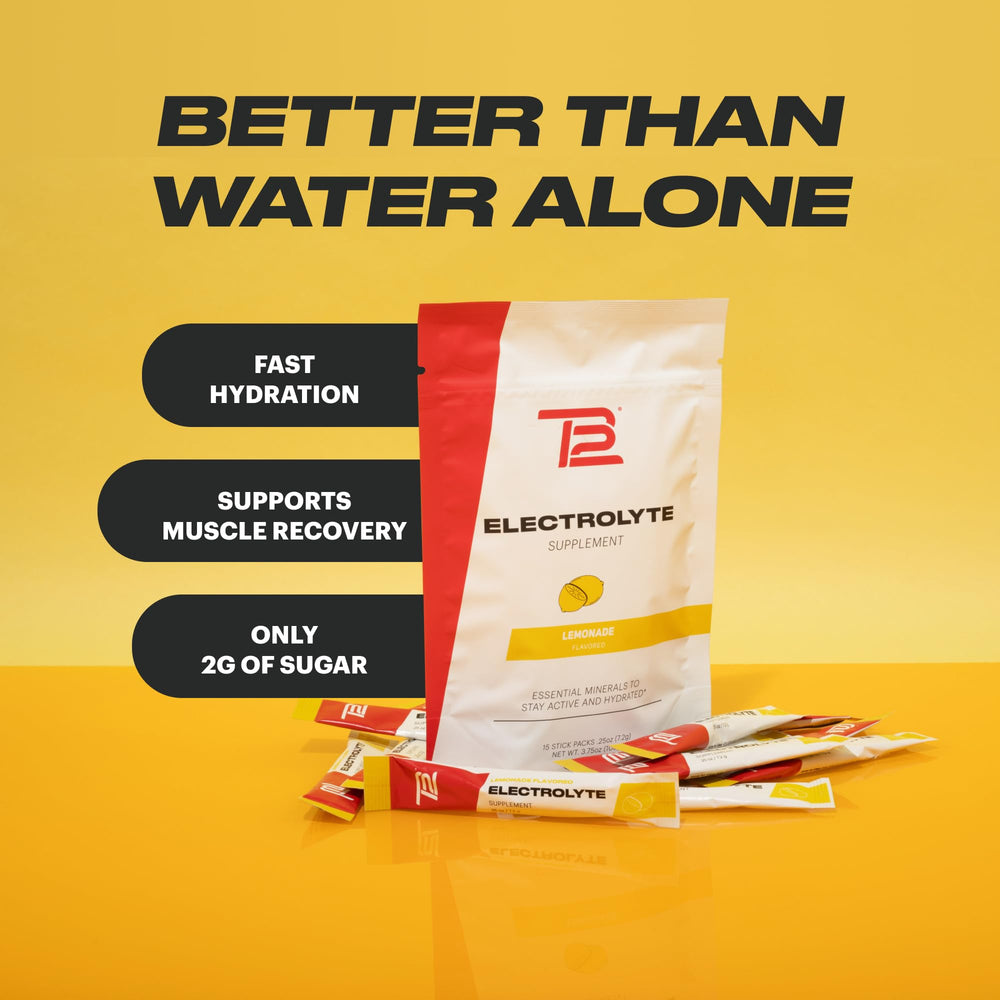 TB12 Electrolytes lemonade packaging highlighting portable, travel-friendly stickpacks.