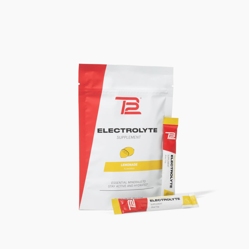 TB12 Electrolytes lemonade stickpack closeup for convenient on-the-go hydration and refreshing lemonade flavor.