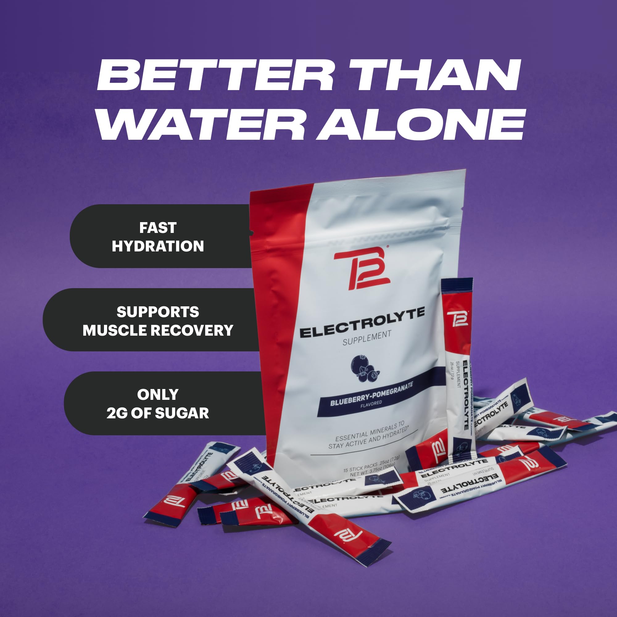 TB12 Electrolytes packaging front highlighting convenient on-the-go sachets.