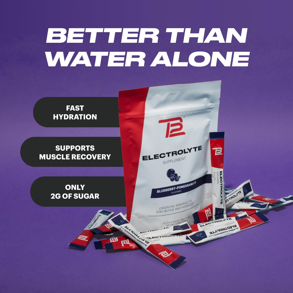 TB12 Electrolytes packaging front highlighting convenient on-the-go sachets.