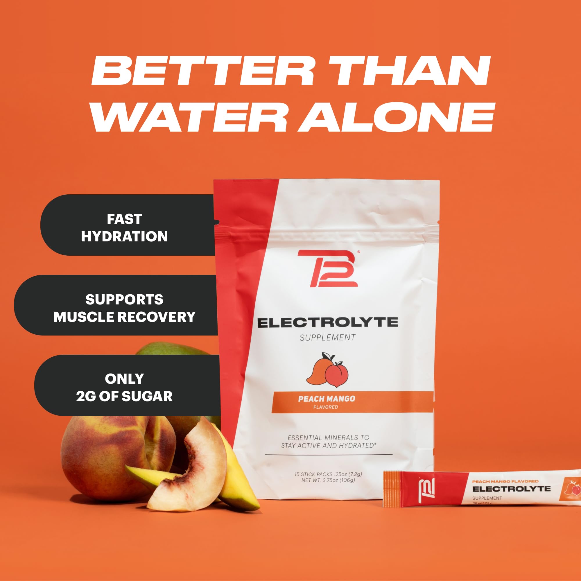 TB12 Electrolytes Peach Mango stickpack in water on-the-go for easy daily hydration.