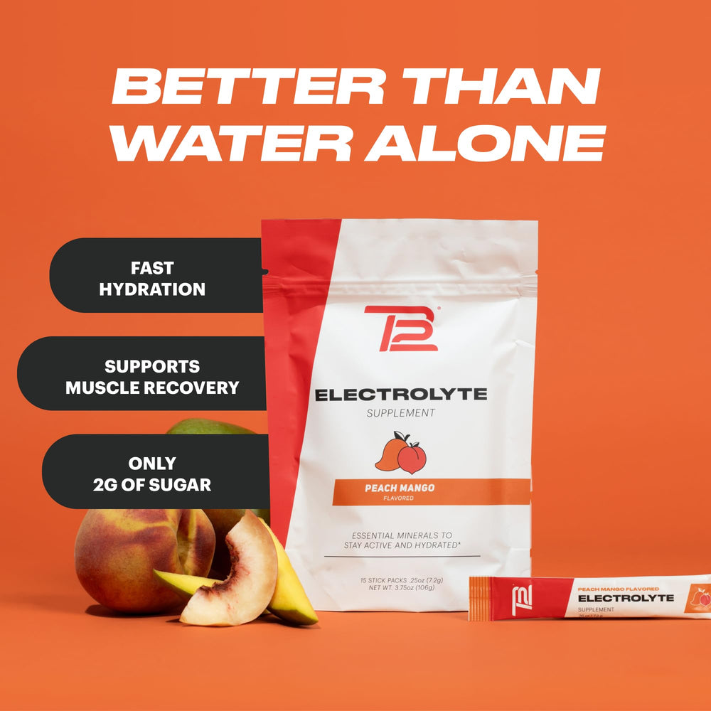 TB12 Electrolytes Peach Mango stickpack in water on-the-go for easy daily hydration.